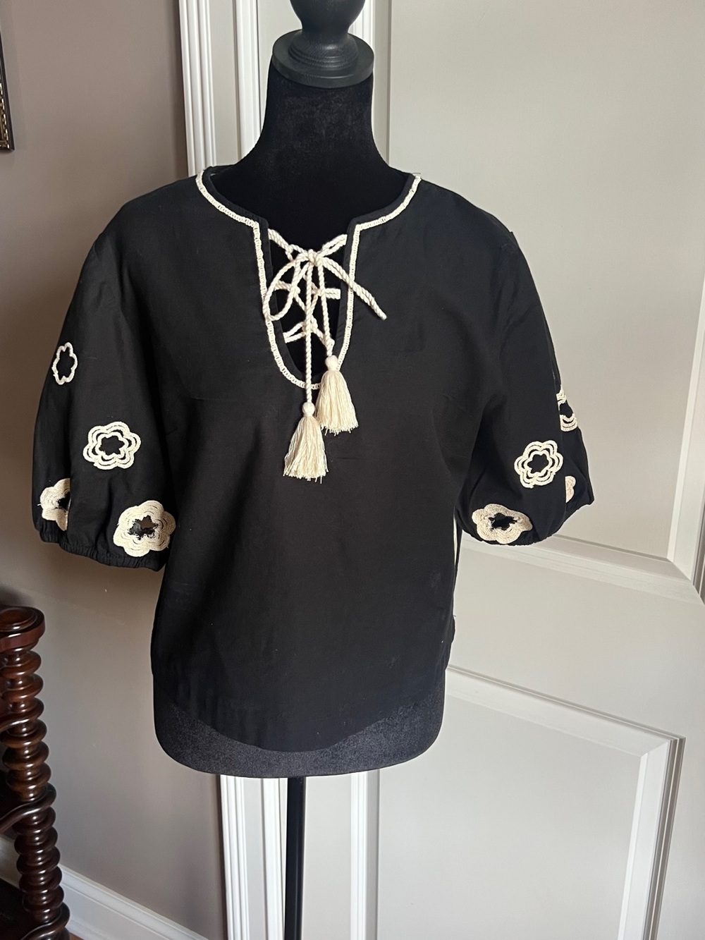 Black Puff-Sleeve Blouse with Cream Embroidery and Tassel Tie